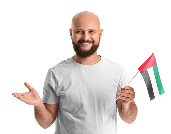 Hombre Con Bandera Nacional Los Emiratos Árabes Unidos Sobre Fondo — Foto de Stock