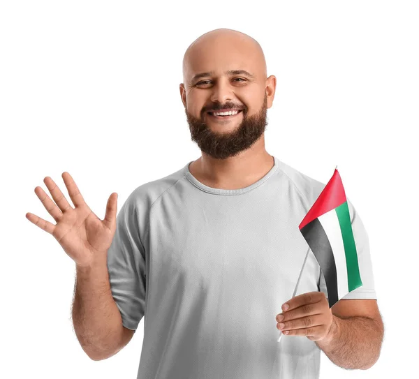 Hombre Con Bandera Nacional Los Emiratos Árabes Unidos Sobre Fondo —  Fotos de Stock
