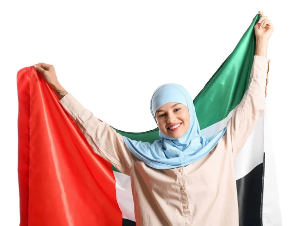 Vacker Muslimsk Kvinna Med Förenade Arabemiraten Flagga Vit Bakgrund — Stockfoto