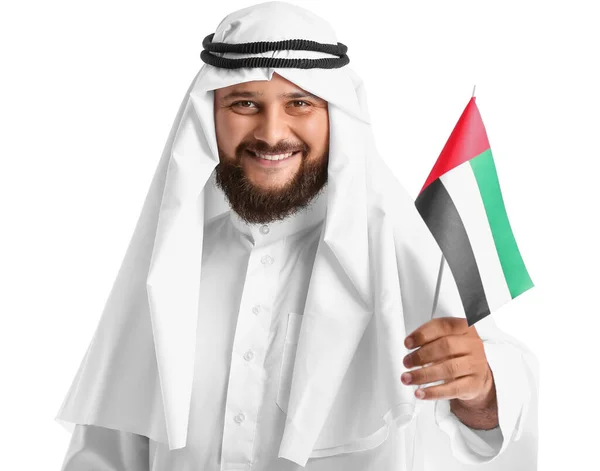 Hombre Con Ropa Tradicional Con Bandera Nacional Los Emiratos Árabes — Foto de Stock