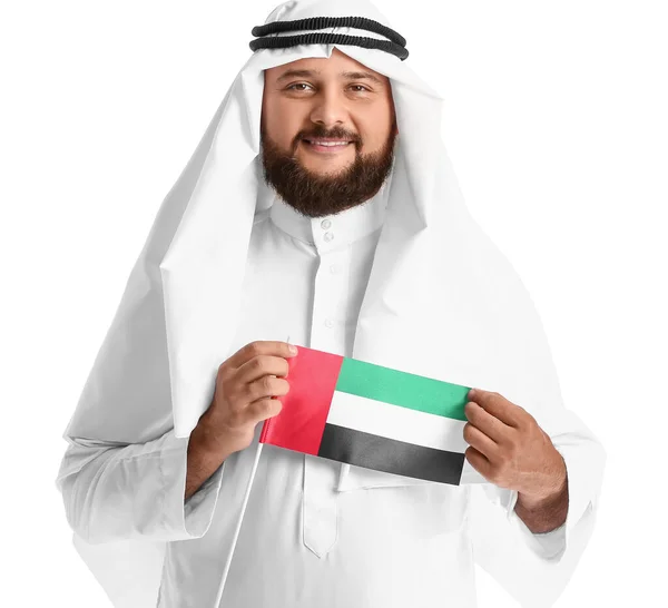 Uomo Abiti Tradizionali Con Bandiera Nazionale Degli Emirati Arabi Uniti — Foto Stock
