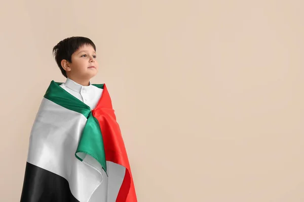 Netter Kleiner Junge Mit Nationalflagge Der Vae Auf Hellem Hintergrund — Stockfoto