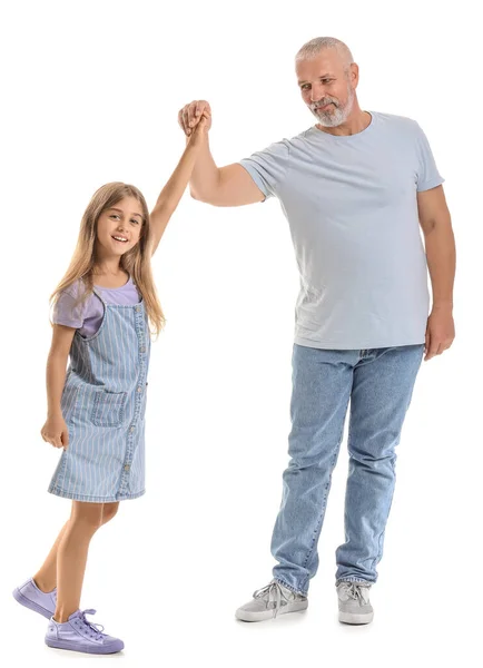 Niña Con Abuelo Cogido Mano Sobre Fondo Blanco —  Fotos de Stock