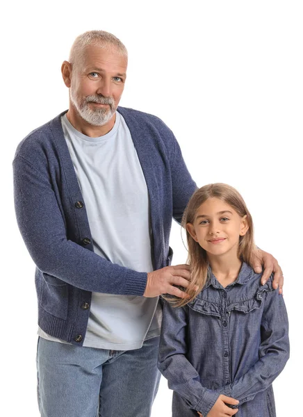 Uomo Anziano Con Sua Nipotina Sfondo Bianco — Foto Stock
