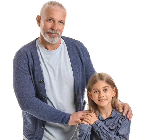 Senior Man His Little Granddaughter White Background — Stock Photo, Image