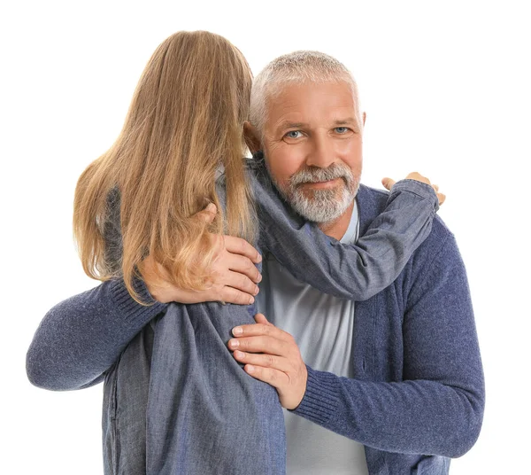 Senior Man Hugging His Little Granddaughter White Background — Stock Photo, Image