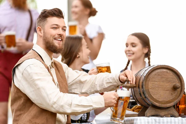 Man Beer Celebrating Octoberfest Outdoors — Stock Photo, Image
