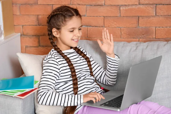 Little Girl Asking Her Online Tutor Question Home — Stock Photo, Image