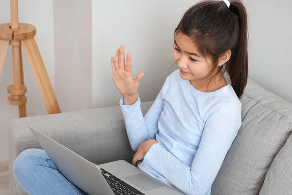 Little Asian Girl Asking Her Online Tutor Question Home — Stock Photo, Image