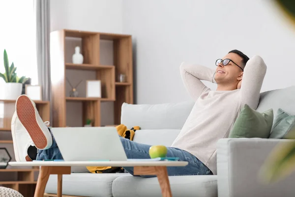 Male Student Relaxing Sofa Home — Stock Photo, Image