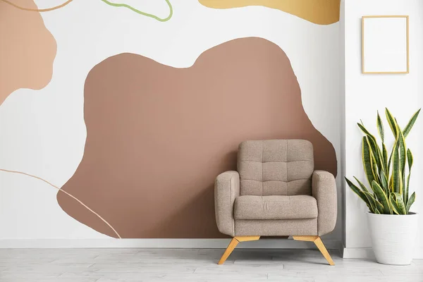 Armchair Houseplant Blank Frame Color Wall — Stock Photo, Image