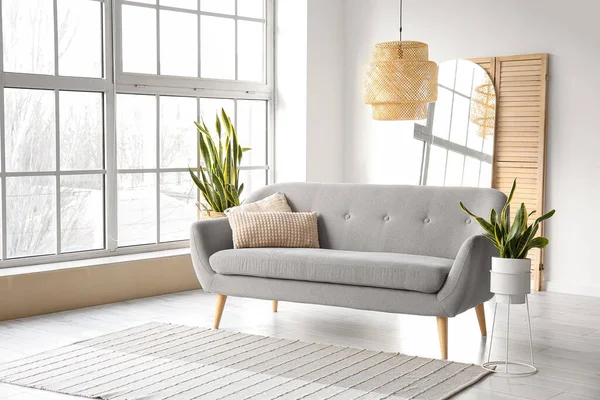 Oturma odasının içi kanepe ve çiçeklerle dolu.