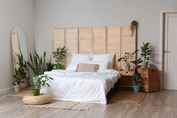 Ev bitkileri ve katlanan ekran ile aydınlık yatak odasının içi