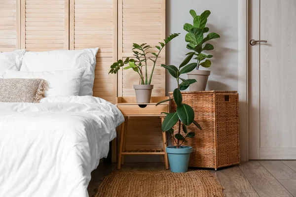 Interior Del Dormitorio Luminoso Con Plantas Interior Pantalla Plegable —  Fotos de Stock