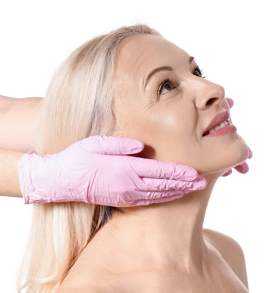Mature Blonde Woman Cosmetologist White Background Closeup — Stock Photo, Image