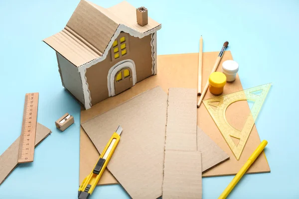 Materials Making Cardboard House Blue Background — Stock Photo, Image