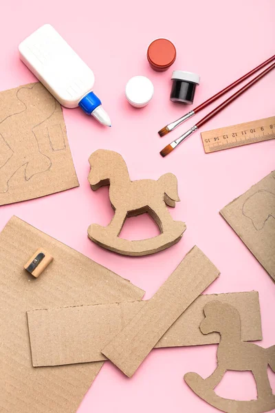 Materials Making Cardboard Rocking Horse Pink Background — Stock Photo, Image