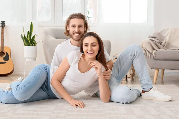 Young Couple Soft Carpet Home — Stock Photo, Image