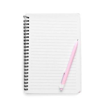 Not defteri ve kalem beyaz, üst görünümde izole edildi