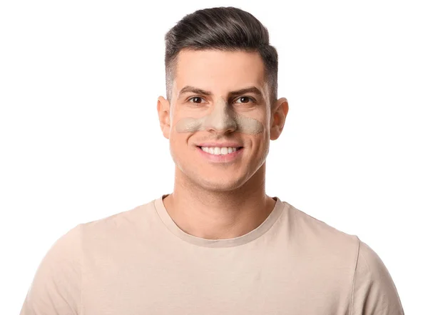 Knappe Man Met Aangebracht Klei Masker Witte Achtergrond — Stockfoto