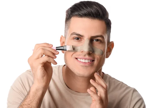 Handsome Man Applying Clay Mask White Background — Stock Photo, Image