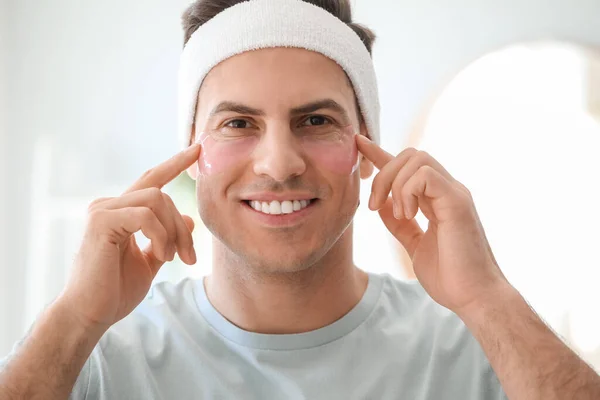 Handsome Man Eye Patches Bathroom Closeup — Stock Photo, Image