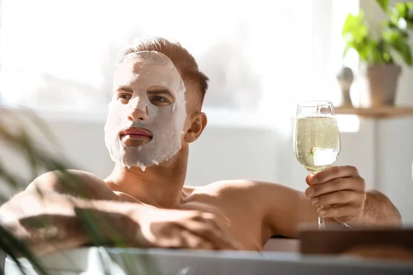Handsome Man Facial Mask Glass Wine Taking Bath Home — Stock Photo, Image