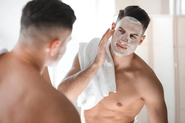 Handsome Man Facial Mask Mirror Bathroom — Stock Photo, Image