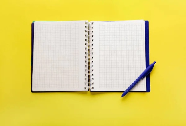 Notebook Pen Yellow Background Top View — Stock Photo, Image