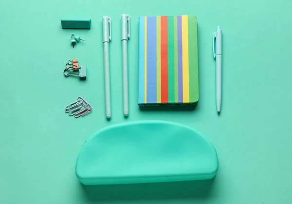 Set School Stationery Turquoise Background Top View — Stock Photo, Image
