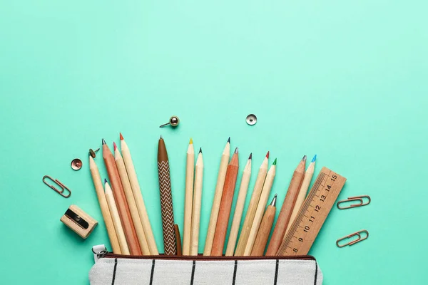 Pencil Case School Stationery Turquoise Background — Stock Photo, Image
