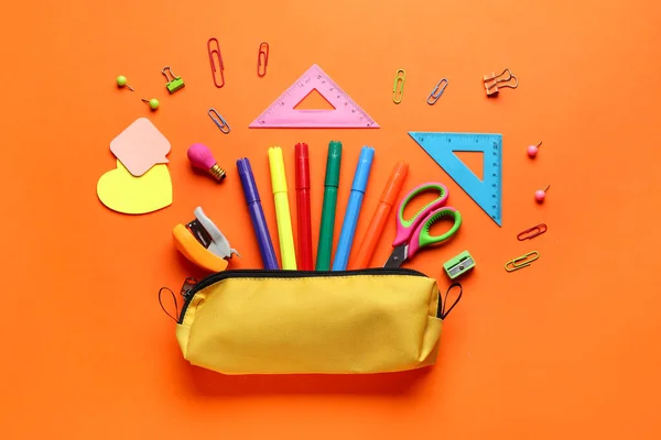 Pencil Case School Stationery Orange Background Flat Lay — ストック写真