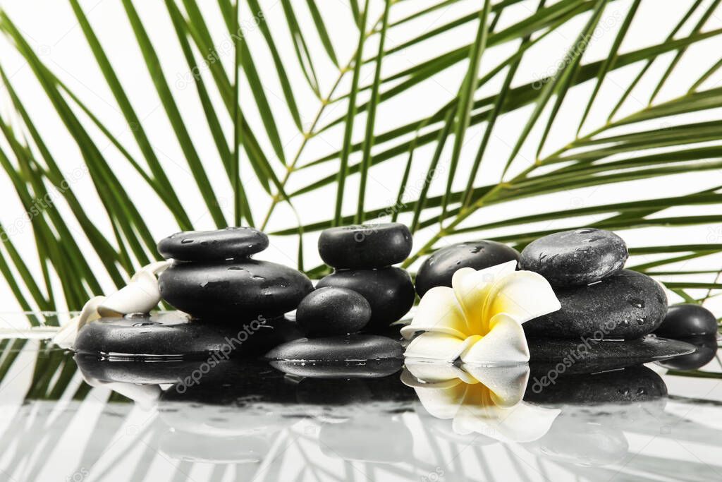 Spa stones, tropical branches, flowers and water on white background