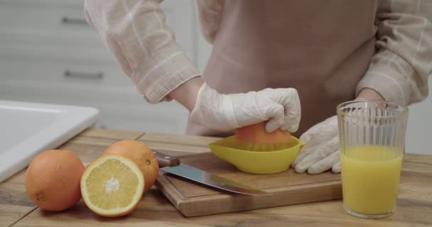 Woman Making Fresh Orange Juice Kitchen Closeup Royalty Free Stock Footage