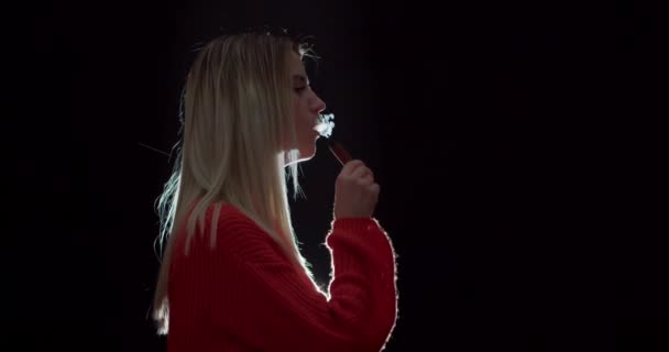 Vaping Young Woman Black Background — Stock Video