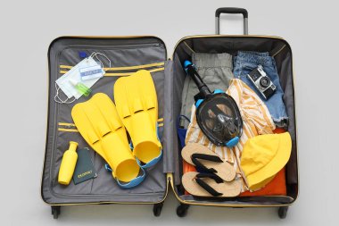 Plaj aksesuarları, bağışıklık sertifikası ve açık arkaplanda şnorkelli maske.