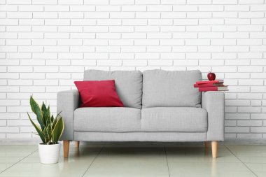 Yastıklı, kitaplı ve odasındaki tuğladan duvarın yanındaki çiçekli modern kanepe.