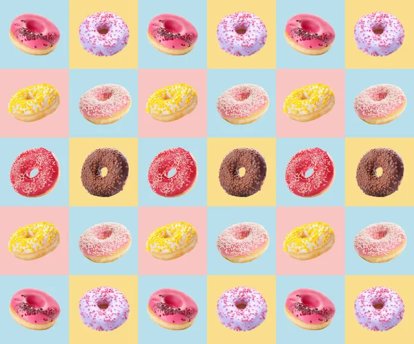 Muchos Donuts Dulces Sobre Fondo Colorido — Foto de Stock