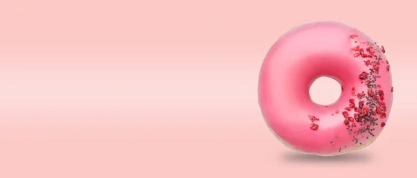 Donut Saboroso Fundo Rosa Com Espaço Para Texto — Fotografia de Stock