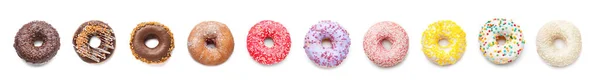 Conjunto Muitos Donuts Diferentes Isolados Branco — Fotografia de Stock