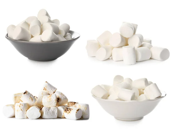 Conjunto Saborosos Marshmallows Isolados Branco — Fotografia de Stock