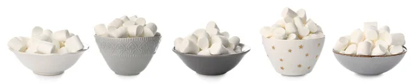 Set Bowls Sweet Marshmallows Isolated White — Stock Photo, Image