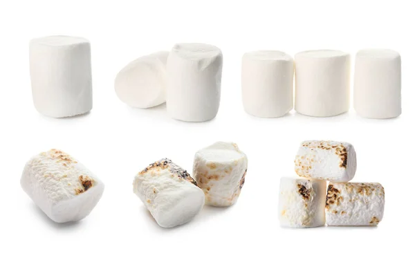 Conjunto Saborosos Marshmallows Isolados Branco — Fotografia de Stock