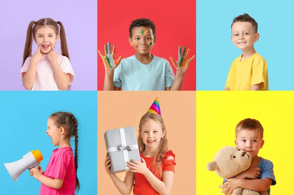 Collage Con Lindos Niños Divertidos Sobre Fondo Colorido — Foto de Stock