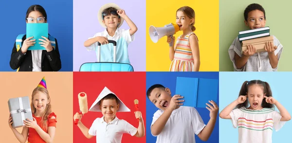 Collage Mit Lustigen Kleinen Kindern Auf Buntem Hintergrund — Stockfoto