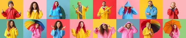 Collage Many Different People Raincoats Colorful Background — ストック写真