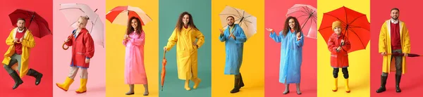 レインコートやカラフルな背景の傘で多くの異なる人々とコラージュ — ストック写真