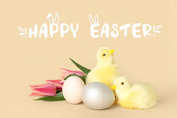 Card Cute Chickens Tulips Easter Eggs Color Background — Stock Photo, Image