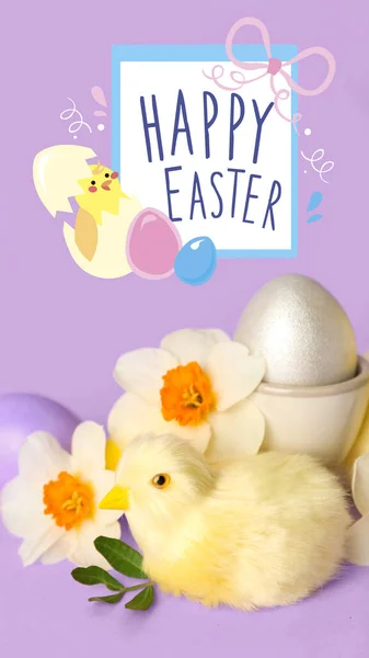 Greeting Card Cute Chicken Flowers Easter Eggs Lilac Background — Stock Photo, Image