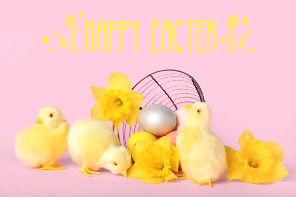 Easter Greeting Card Cute Yellow Chickens Overturned Basket Eggs Flowers — ストック写真
